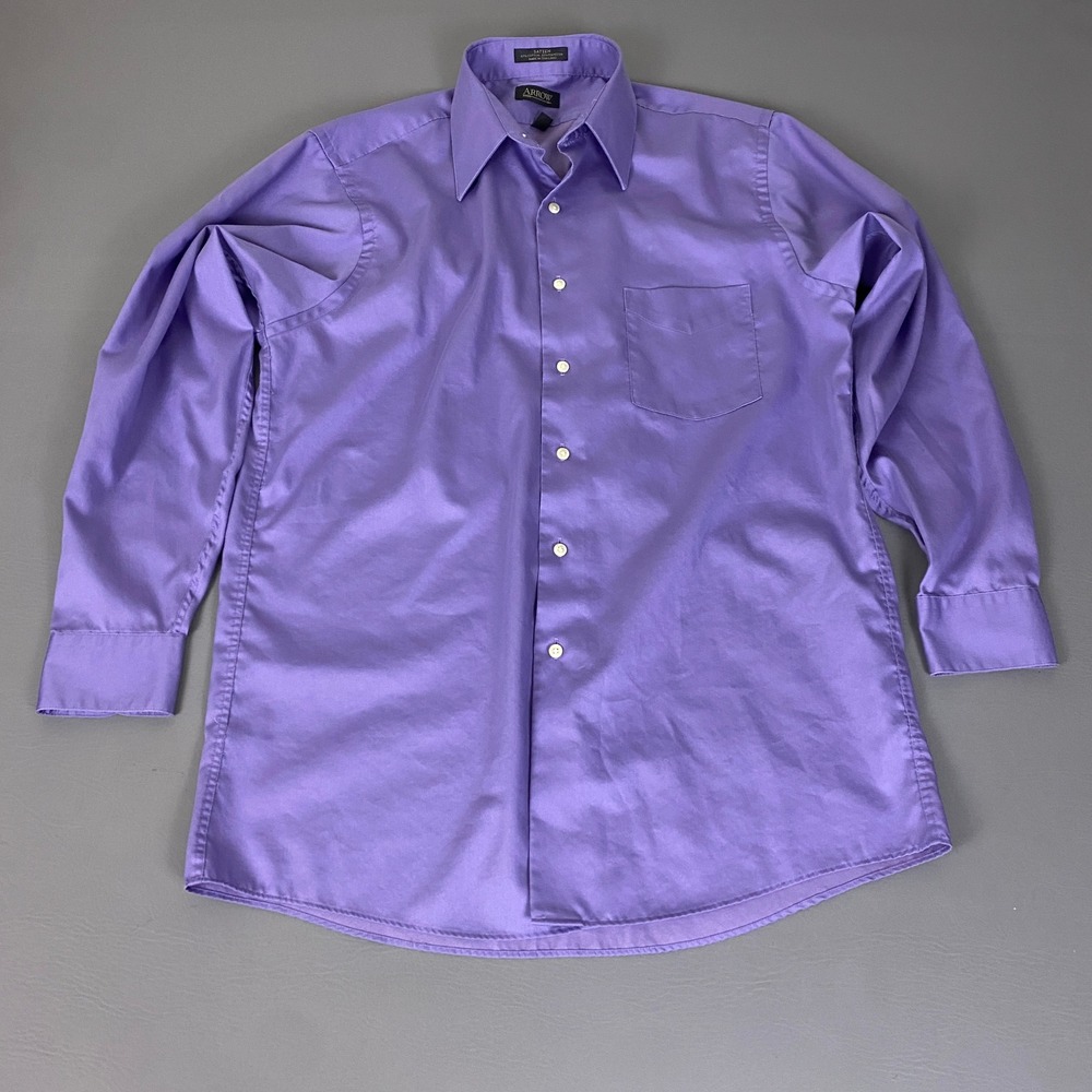 Arrow Button Up Dress Shirt Men's 15.5 32/33 Medium Purple Sateen Wrinkle Free